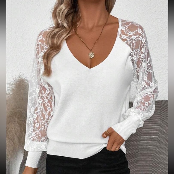 Elegant Sheer Mesh Floral Lace Long Sleeve Sweater Top - Picture 4 of 6